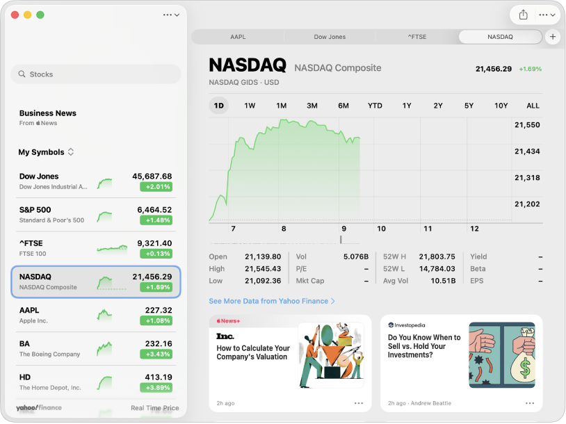 A Stocks window showing the watchlist on the left, a chart in the upper right and news headlines in the lower right.
