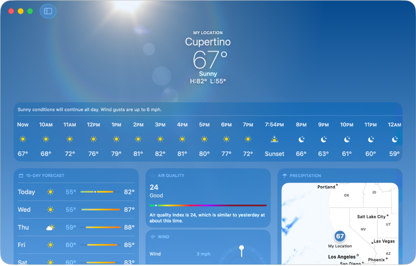 The Weather window showing the current temperature and conditions, the high and low temperatures for the day, the hourly forecast, several days of the 10-day forecast and a precipitation map.