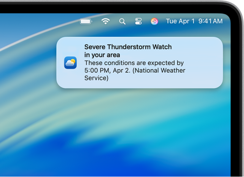 A notification showing an alert from the National Weather service about a severe thunderstorm.