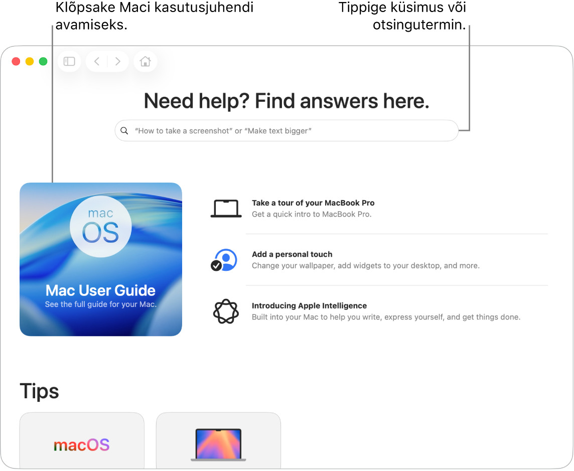 Rakenduse Tips Landing-lehel on Mac User Guide, otsinguväli ning soovitatud teemad.