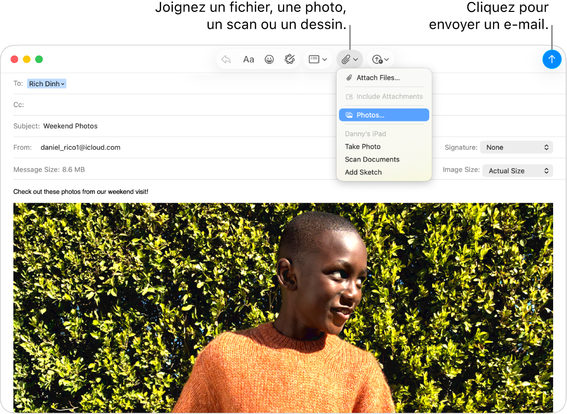 Une fenêtre Mail affichant un nouveau message en cours de rédaction. Le menu local affiche des options pour joindre des photos, ou pour prendre une photo, scanner un document ou ajouter un dessin à partir d’un appareil à proximité.