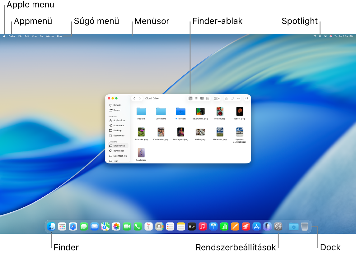 A Mac képernyője az Apple menüvel, az App menüvel, a Súgó menüvel, a menüsorral, a Finder ablakával, a Spotlight ikonjával, a Finder ikonjával, a Rendszerbeállítások ikonjával és a Dockkal.