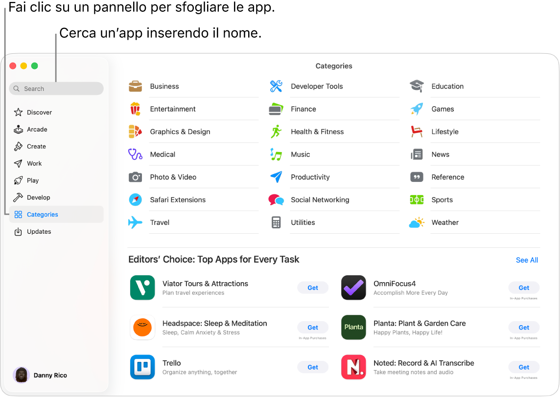 La finestra di App Store che mostra il campo di ricerca e le categorie di app.