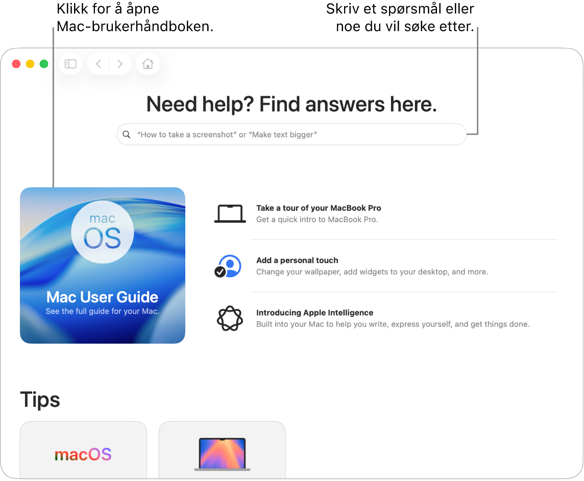 Landingssiden for Tips-appen viser Brukerhåndbok for Mac, søkefeltet og foreslåtte emner.