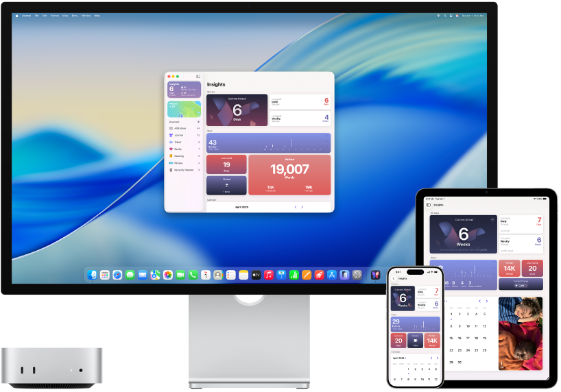 Mac mini obok różnych urządzeń z dostępem do tej samej zawartości iCloud.