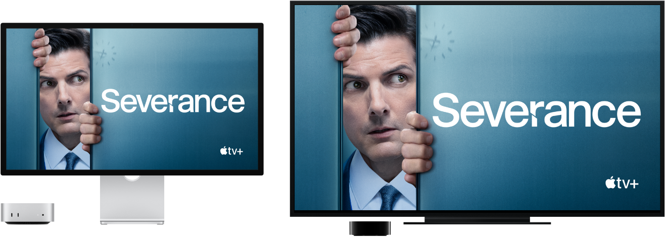Mac mini, зображення з якого продубльовано на великому телевізорі HDTV за допомогою Apple TV.