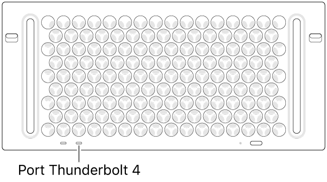 Vista zenital del Mac Pro, en què s’assenyala quin és el port Thunderbolt 4 que s’ha d’utilitzar.