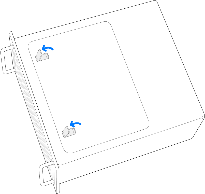 Porta d’accés del Mac Pro, amb fletxes que mostren com moure els passadors cap amunt per desbloquejar la porta.