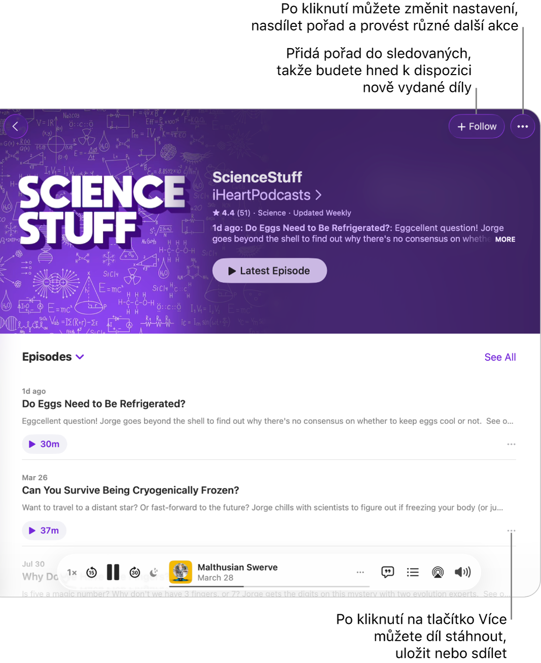 Okno Podcasty se seznamem dílů podcastu. Tlačítko Sledovat u horního okraje okna vám umožňuje zahájit sledování pořadu a tlačítko Více vedle každého dílu vám umožňuje stáhnout nebo uložit konkrétní díl.