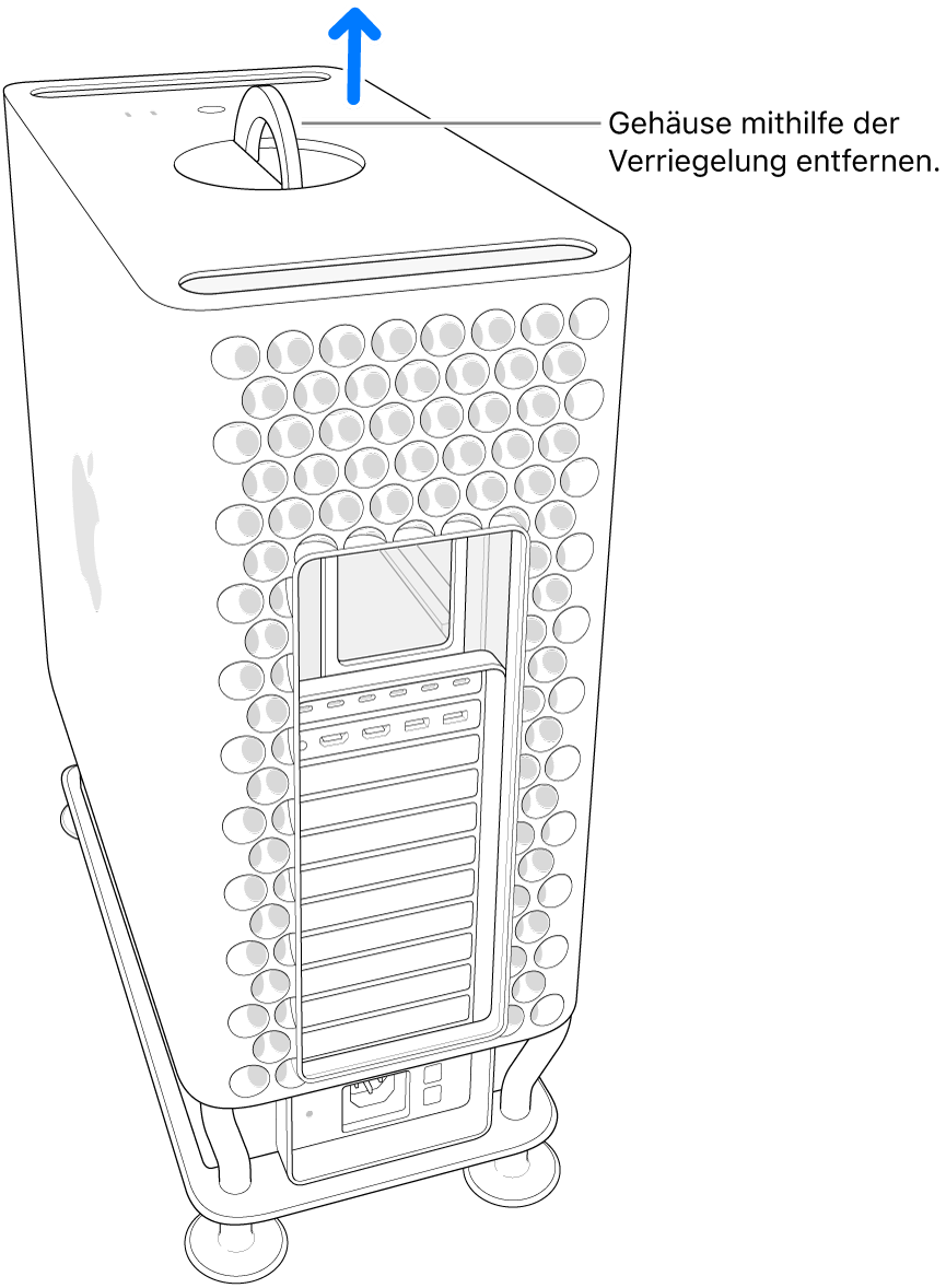 Die Verriegelung ist gedreht und steht senkrecht; das Gehäuse wird vom Computer abgenommen.
