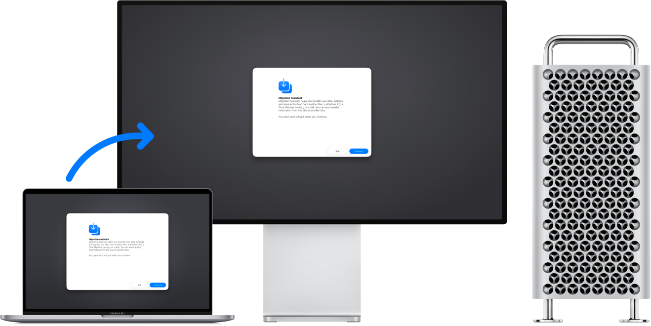 A MacBook Pro and a Mac Pro with connected display. The Migration Assistant appears on both screens and an arrow from the MacBook Pro to the Mac Pro implies the transfer of data from one to the other.