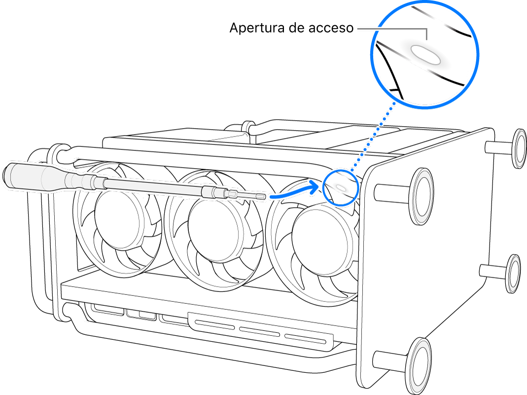 Mac Pro de lado con un desarmador flexible apuntando la abertura.