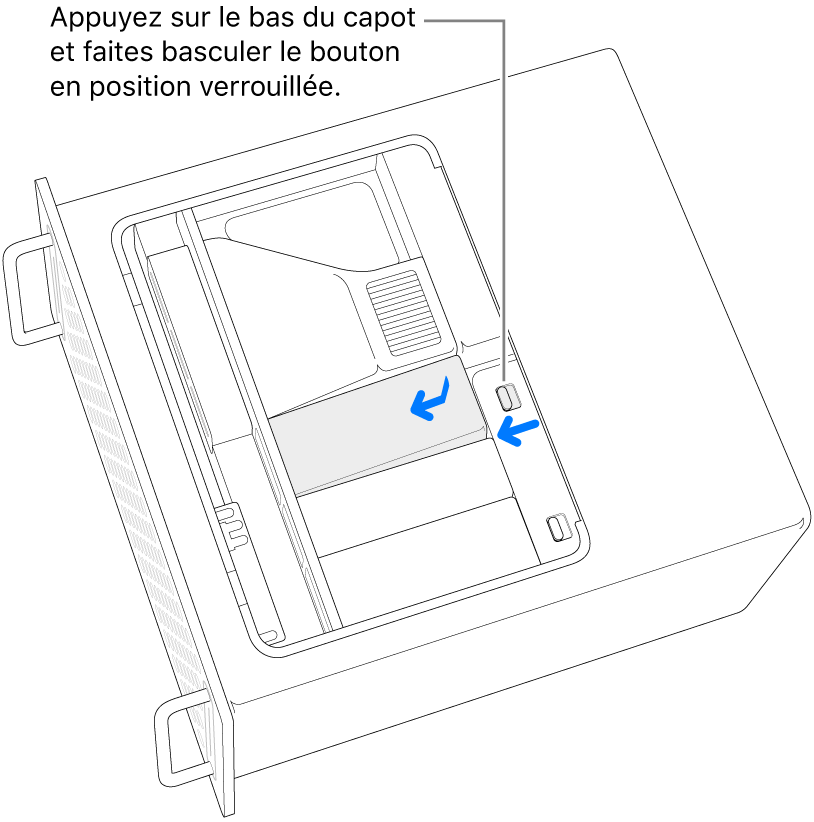 Réinstallation des caches des SSD en déplaçant le bouton de verrouillage vers la gauche et en appuyant sur le cache des SSD.