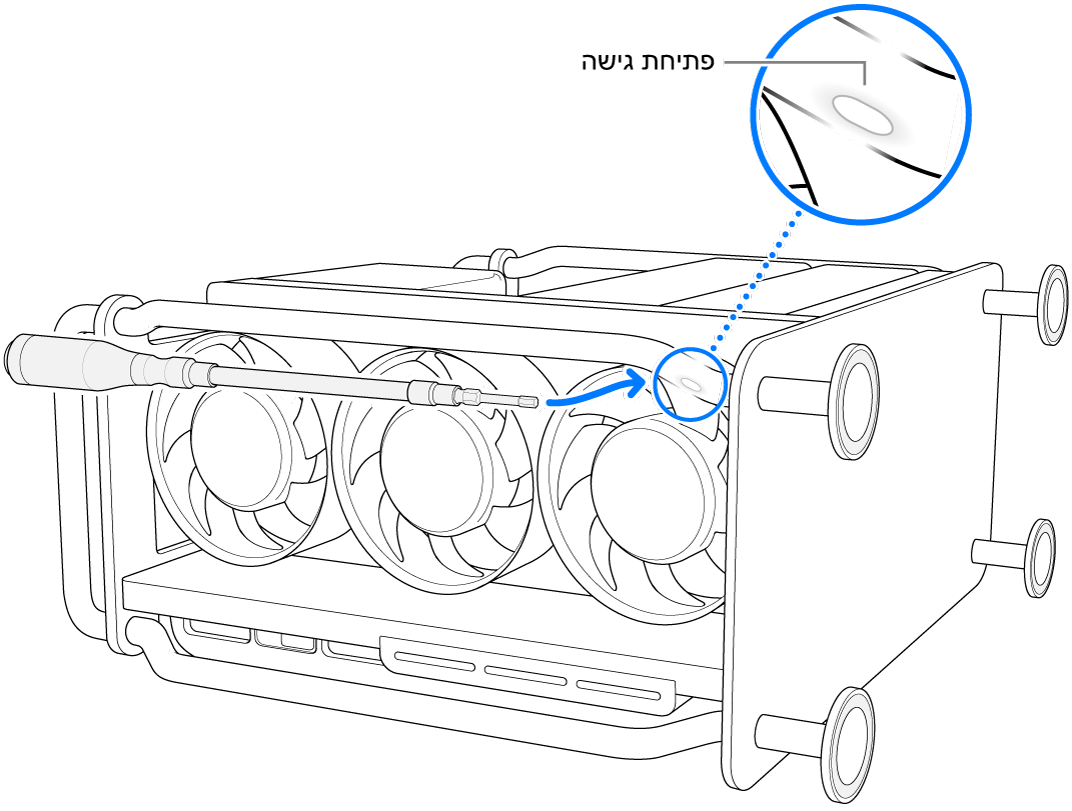 Mac Pro על צדו עם מברגה גמישה המכוונת אל פתח הגישה.