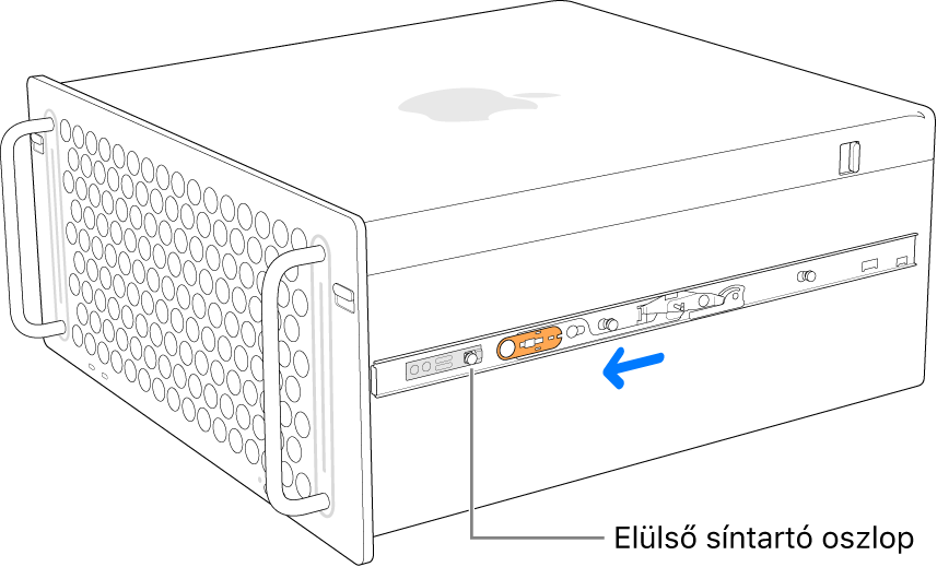 A Mac Pro egy sínnel, amely előrefelé van csúsztatva a rögzítéséhez.