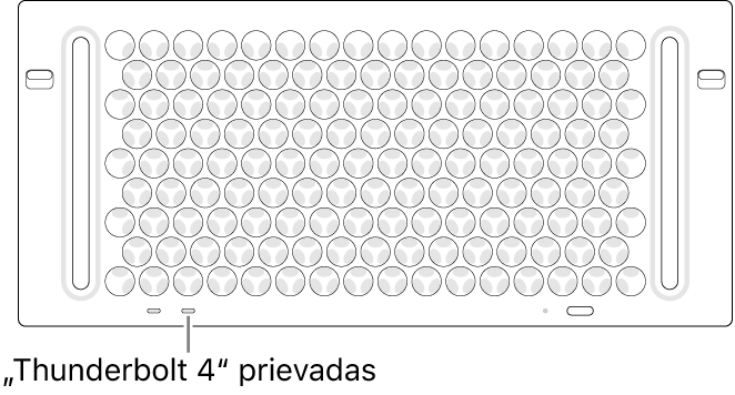 Viršutinė „Mac Pro“ pusė, rodomas tinkamas „Thunderbolt 4“ prievadas, kurį reikia naudoti.