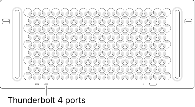 Mac Pro datora augšpuse ar norādi uz pareizo izmantojamo Thunderbolt 4 portu.