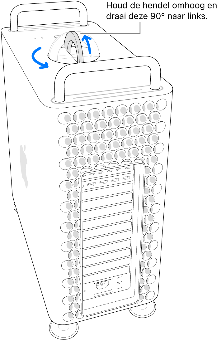 De eerste stap voor het verwijderen van de computerbehuizing door de hendel op te tillen en 90 graden te draaien.