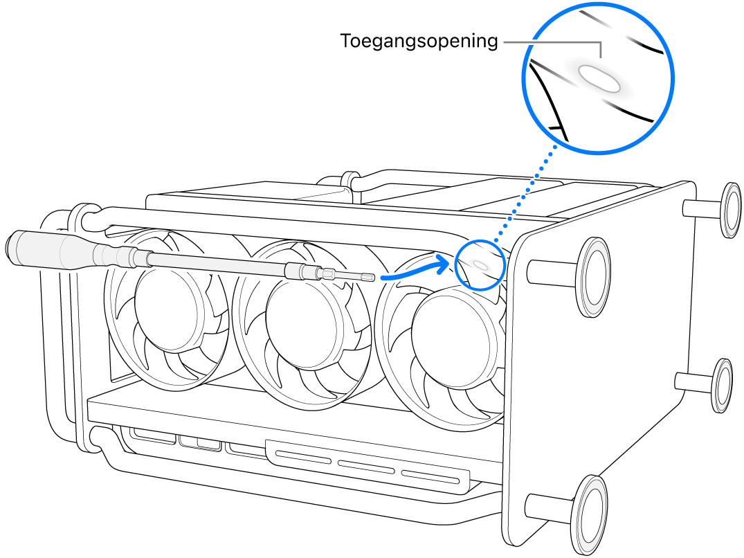 Mac Pro op zijn kant met een flexibele schroevendraaier die naar de toegangsopening wijst.