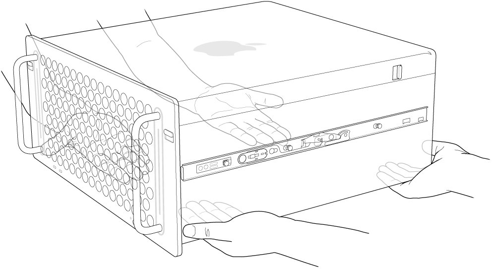 Fire hender som løfter Mac Pro.