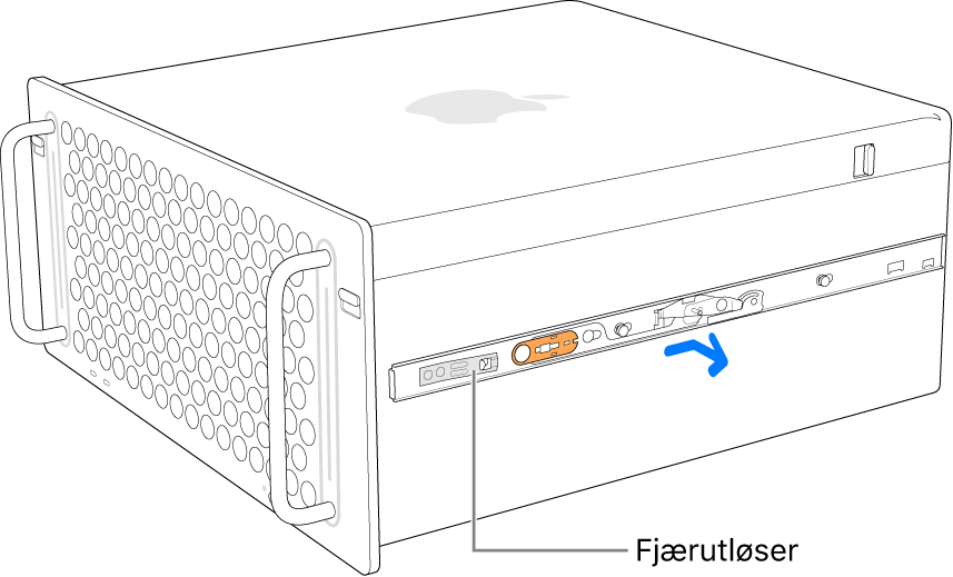 En skinne som fjernes fra siden av Mac Pro.