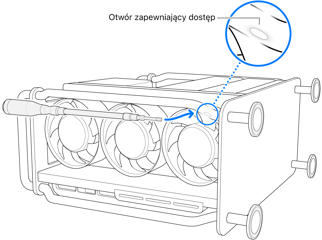 Mac Pro na boku z elastycznym śrubokrętem wkładanym do otworu dostępu.