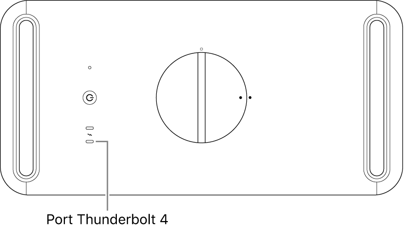 Vrchná strana Macu Pro s bublinou smerom k správnemu portu Thunderbolt 4, ktorý sa má použiť.