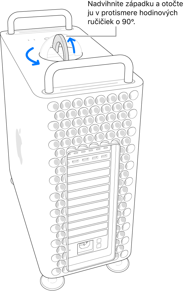 Ako prvý krok na odstránenie skrinky počítača je potrebné nadvihnúť západku a otočiť ju o 90°.