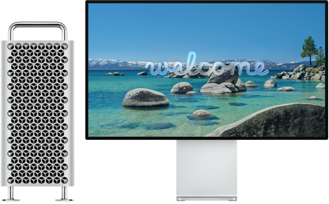 Mac Pro และ Pro Display XDR อยู่ข้างๆ กันโดยมีคำว่า “ยินดีต้อนรับ” อยู่บนหน้าจอ