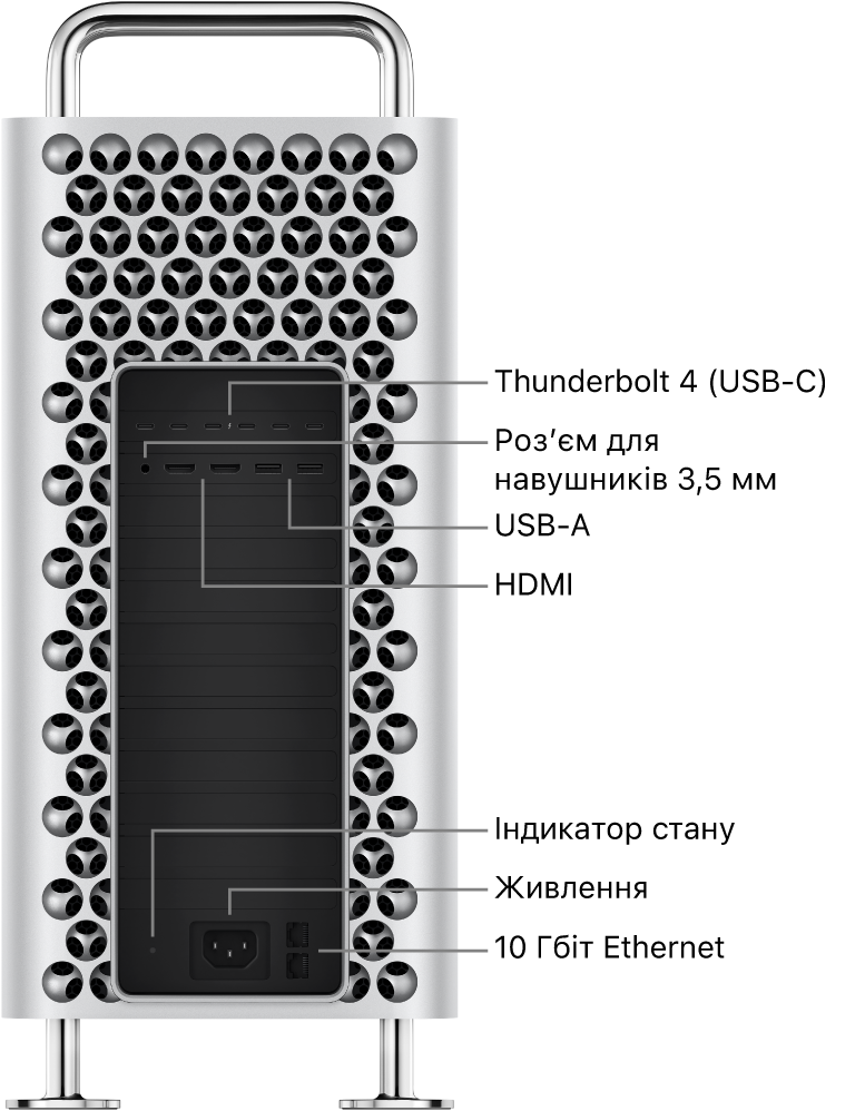 Вигляд збоку на Mac Pro, який демонструє шість портів Thunderbolt 4 (USB-C), роз’єм для навушників 3,5 мм, два порти USB-A, два порти HDMI, світловий індикатор стану, порт живлення і два порти 10 Gigabit Ethernet.