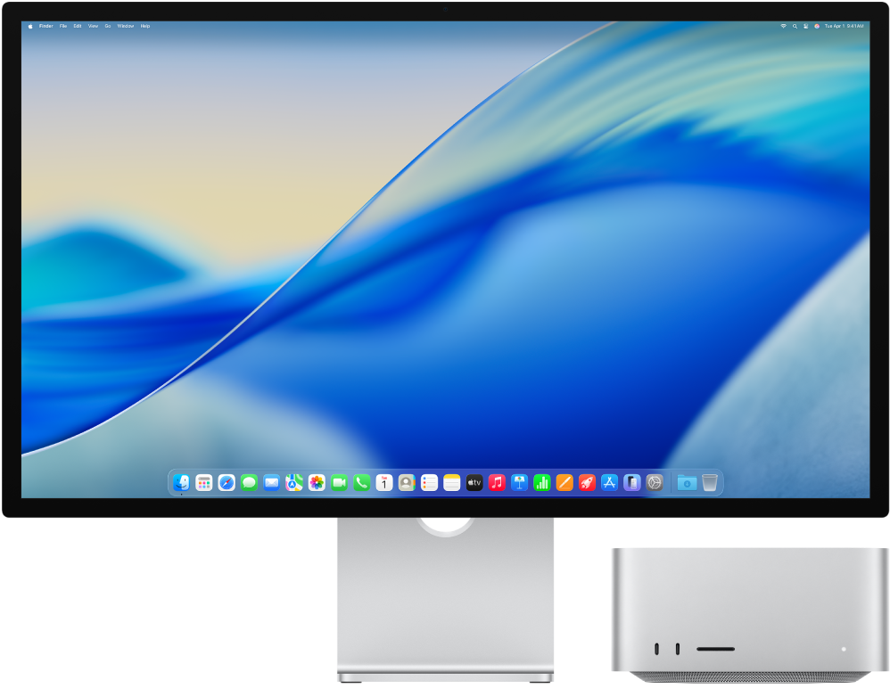 Mac Studio و Apple Studio Display جنبًا إلى جنب.
