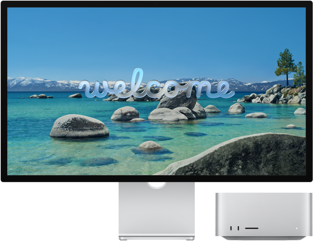 Μια Studio Display και ένα Mac Studio δίπλα-δίπλα με τη λέξη «Καλωσορίσατε» στην οθόνη.