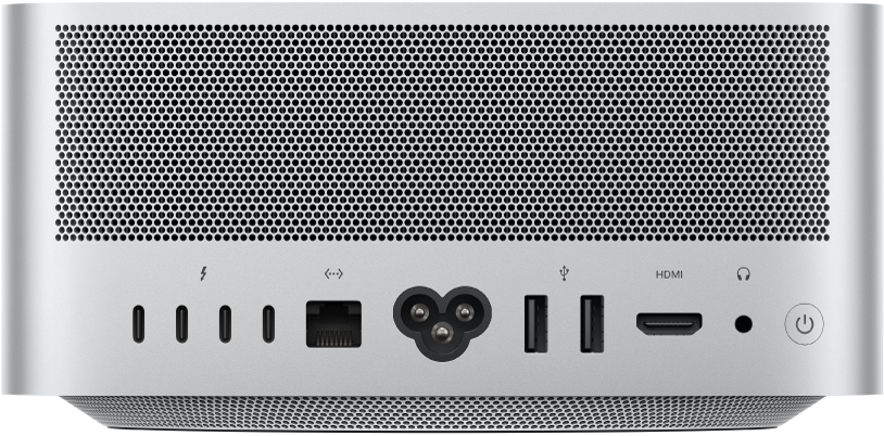 Πίσω όψη ενός Mac Studio, οι διάφορες θύρες του και το κουμπί τροφοδοσίας.