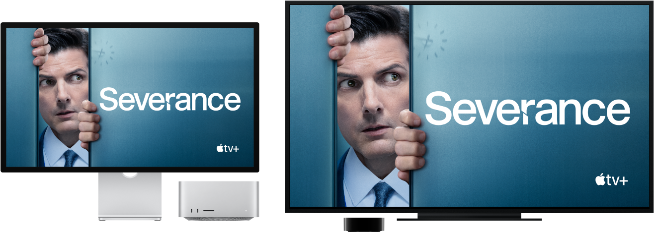 A Mac Studio with its content mirrored on a large HDTV using an Apple TV.