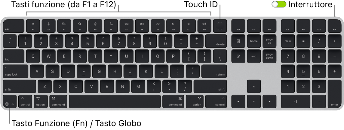 La tastiera Magic Keyboard con Touch ID e tastierino numerico che mostra i tasti funzione e Touch ID in alto e il tasto Funzione (Fn)/Globo in basso a sinistra.