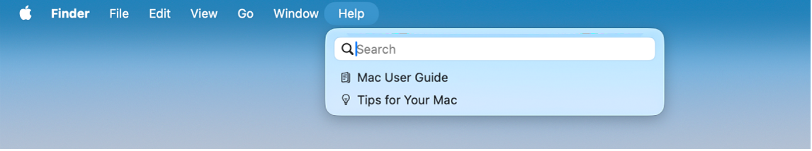 O parte din desktop cu meniul Ajutor deschis, afișând opțiunile de meniu pentru Căutare și „Manual de utilizare Mac”.