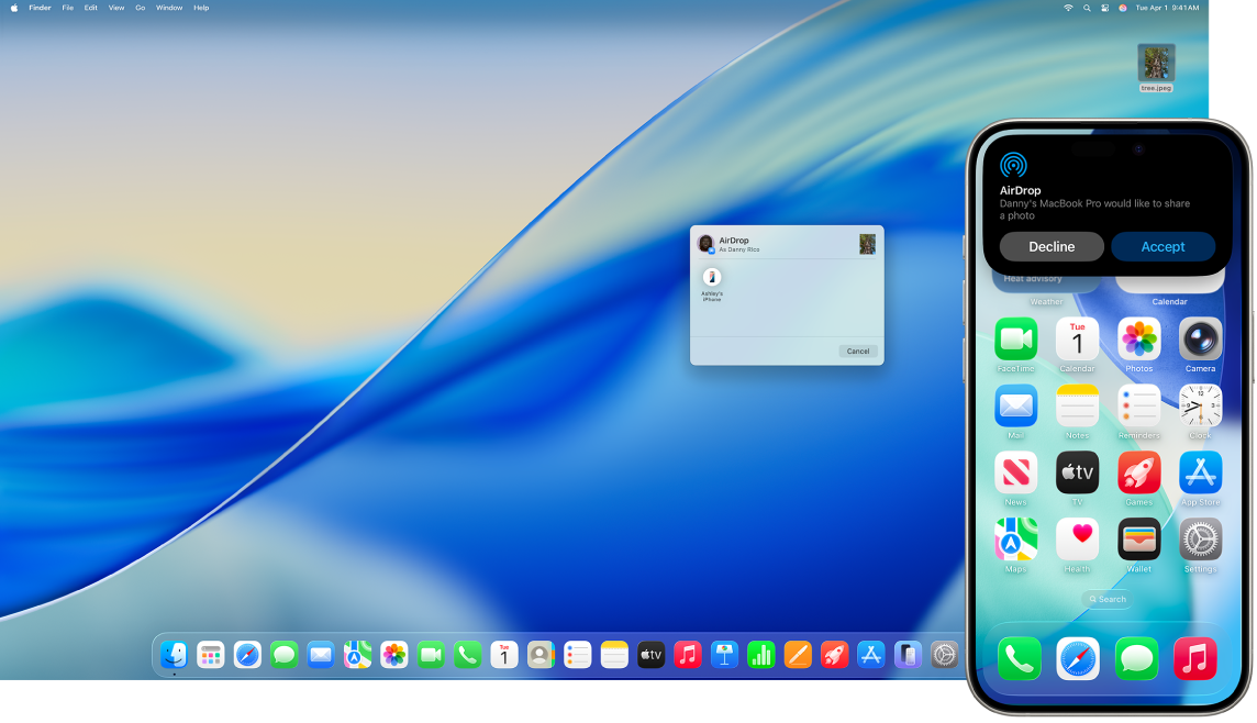 Mac’teki AirDrop sorgu kutusu, bir dosyanın yakındaki bir iPhone’a gönderildiğini gösteriyor. Yanındaki iPhone, kişinin dosyayı kabul etmesine veya reddetmesine olanak tanıyan bir bildirim gösteriyor.