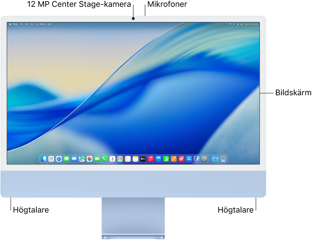 Vy av framsidan på iMac med skärmen, kameran, mikrofoner och högtalare.