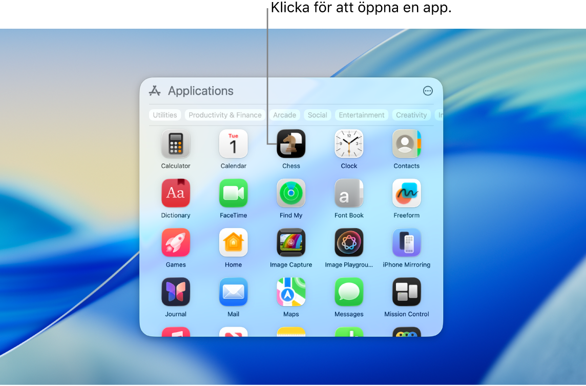 Appar-symbolen i Dock och ett öppet Appar-fönster visar olika appar arrangerade i ett rutnät på en Mac-skärm.