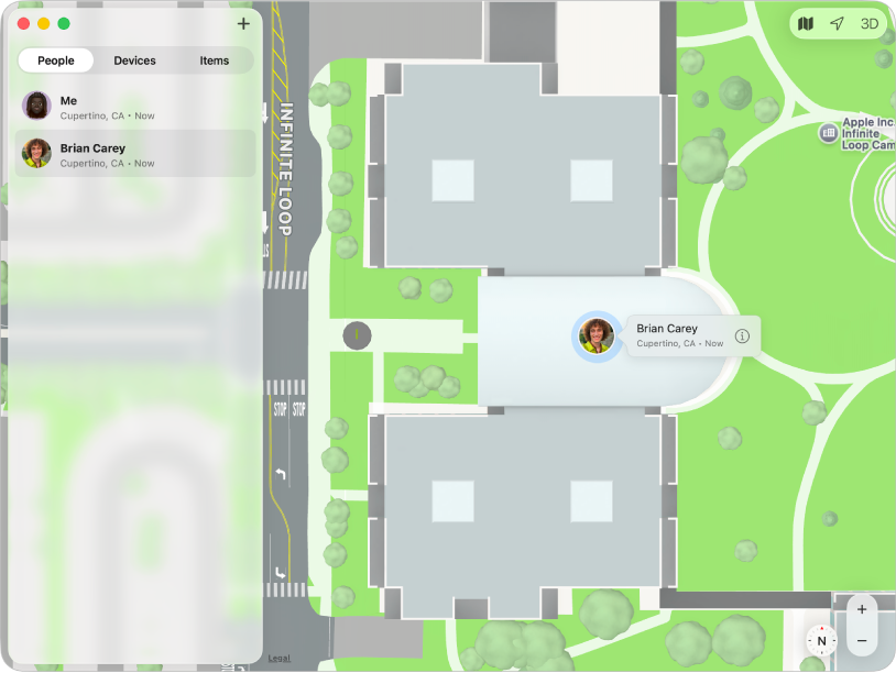 The Find My app showing a list of friends in the sidebar and their locations on a map.
