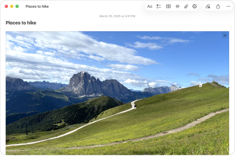 Ein Fenster der App „Notizen“ auf dem Mac, das eine Notiz mit einem großen Foto einer Anhöhe und eines Berges beinhaltet.