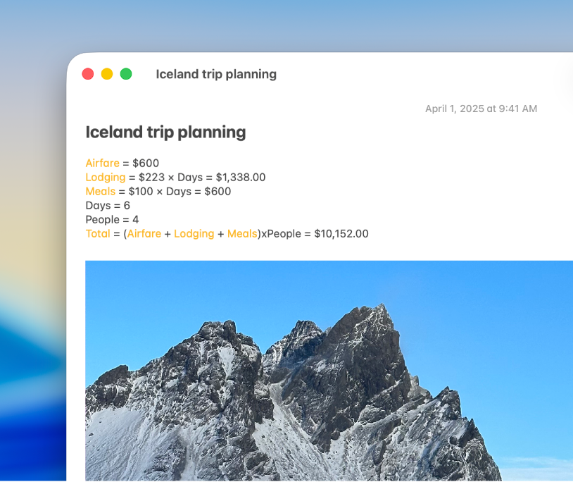 A cropped Notes app window on Mac showing various expenses—including airfare, lodging, meals, days, and people. The note solves addition and multiplication problems automatically inline.