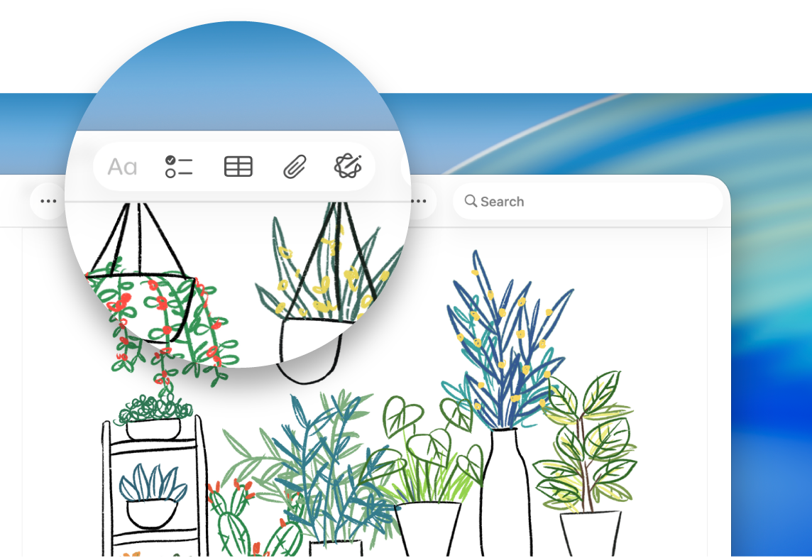 Une fenêtre de l’app Notes sur Mac avec un gros plan sur la barre d’outils de Notes, plus précisément sur les boutons Formater le texte, Créer une liste de pointage, Ajouter un tableau, Insérer données multimédias et Outils d’écriture.
