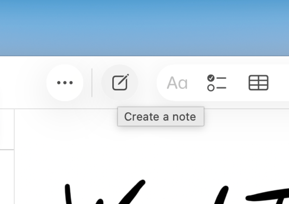 Une fenêtre recardée de l’app Notes sur Mac affichant une note ainsi que le bouton « Créer une note » dans la barre d’outils de Notes.
