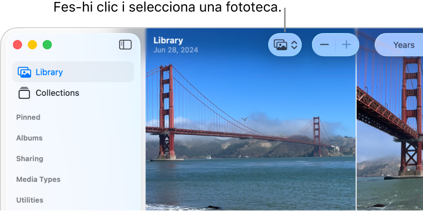 A la part superior esquerra de la finestra de l’app Fotos es mostra la barra lateral i el menú desplegable “Biblioteca” a la barra d’eines.