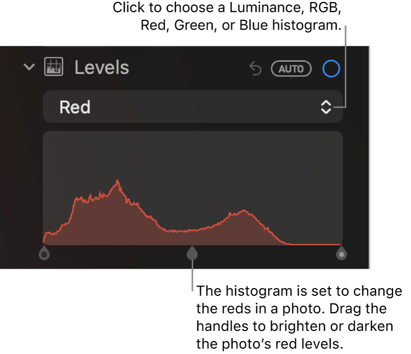 The Levels controls in the Adjust pane, showing the Red histogram with handles below for adjusting the photo’s red levels.