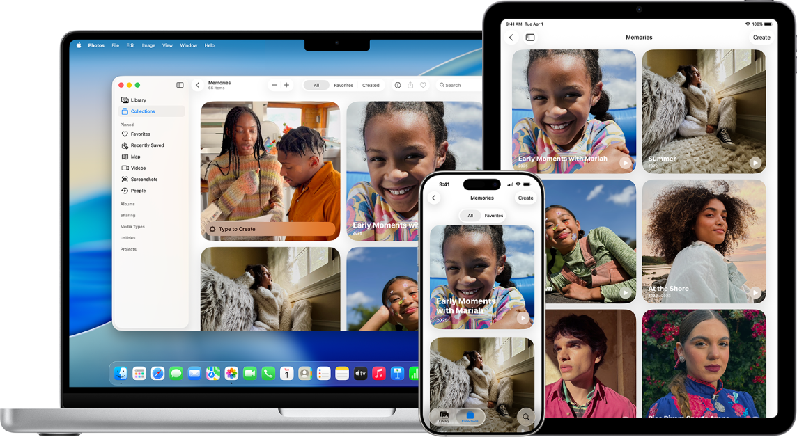 На iPhone, MacBook и iPad отображаются воспоминания из одной и той же медиатеки фото.