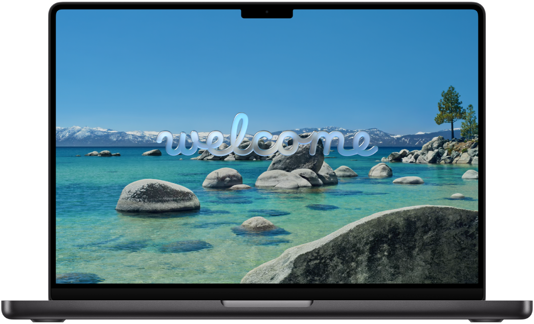 Ein geöffnetes MacBook Pro. Auf dem Bildschirm wird das Wort „Willkommen” angezeigt.