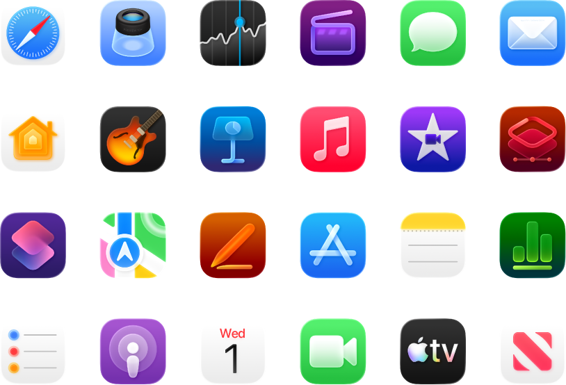 Icons of apps included or available for your MacBook Pro.