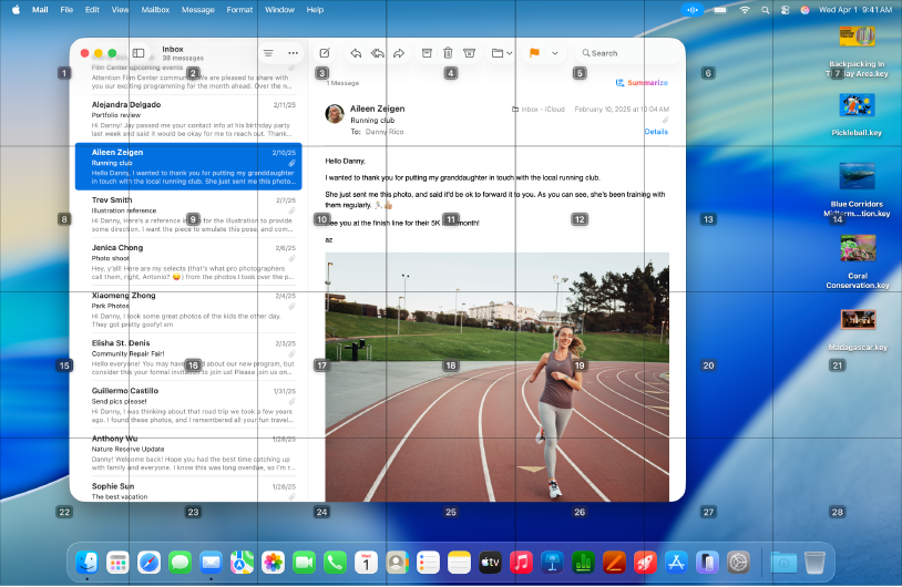 L’app Mail ouverte avec une grille superposée au bureau Mac. Chaque cellule au sein de la grille est identifiée par un numéro.